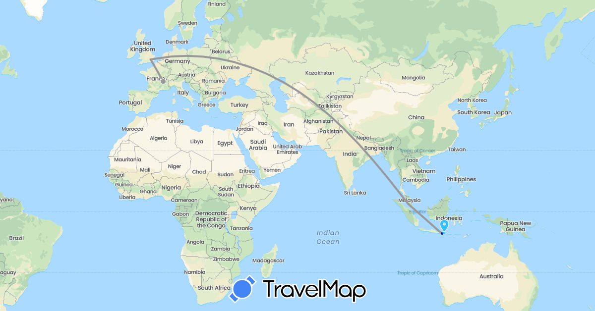 TravelMap itinerary: driving, plane, boat in France, United Kingdom, Indonesia, Malaysia (Asia, Europe)